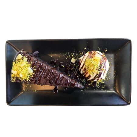 Chocolate cake with vanilla ice cream